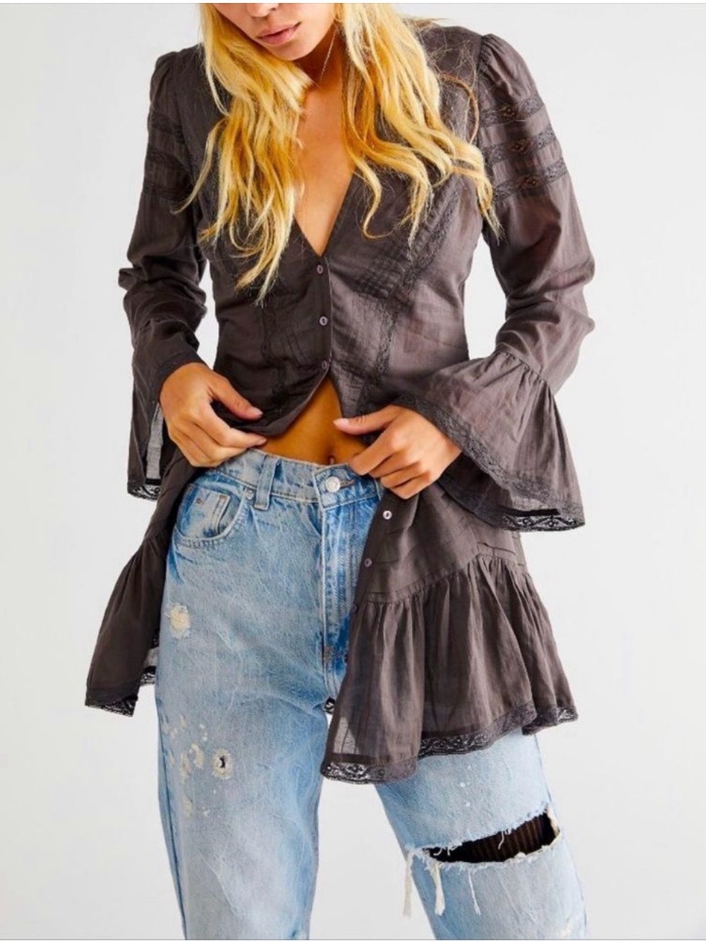 Free People Rhea Lace Cotton Drop Waist Tunic / Washed Black